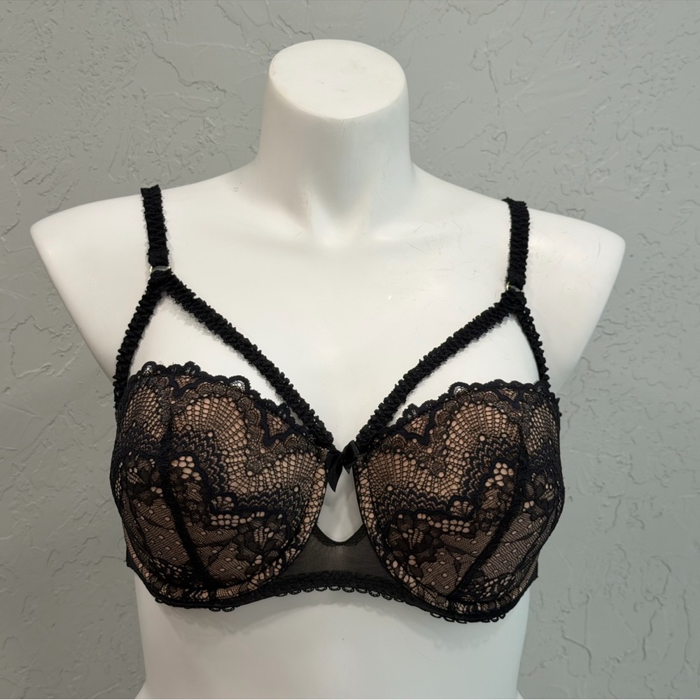 Adore Me Strappy Lace Bra 38DD Black Sheer Mesh Underwire Sexy